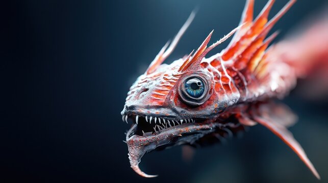 Close up of a strange deep sea fish with sharp teeth and spiky fins.