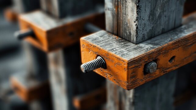 Close up of weathered wooden construction formwork with metal bolts.