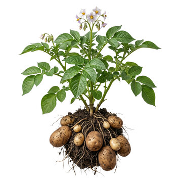 Potato plant with tubers growing from the soil and flowers, root vegetable