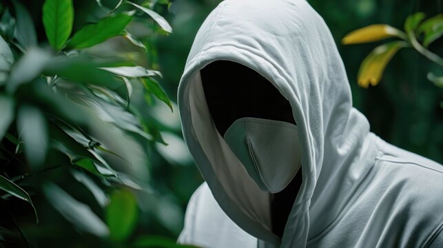 Mysterious person in a hoodie and mask hiding in lush green foliage.