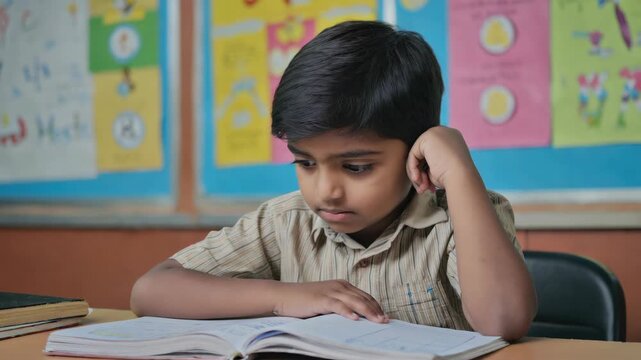 Young boy studies at school desk. Focused gaze meets open textbook pages. Hand rests near chin in thoughtful pose. Bright, colorful posters adorn classroom wall