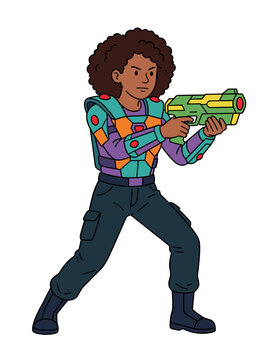 Serious afro american teen girl aiming a colorful toy blaster while wearing a glowing tactical laser tag vest isolated on white background. Concept of active dynamic leisure and electronic combat gami