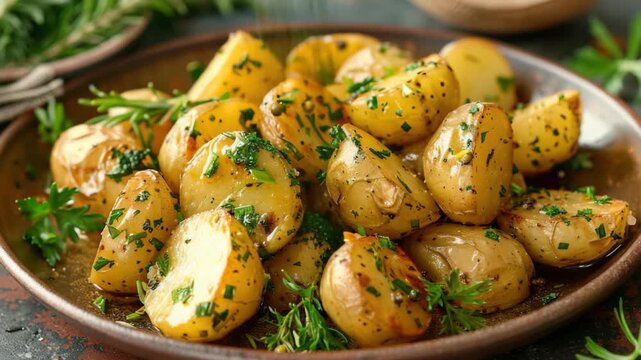 A dish of golden-brown roasted potatoes in a ceramic bowl, garnished with finely chopped parsley and sea salt. A rustic, flavorful side dish for any meal.