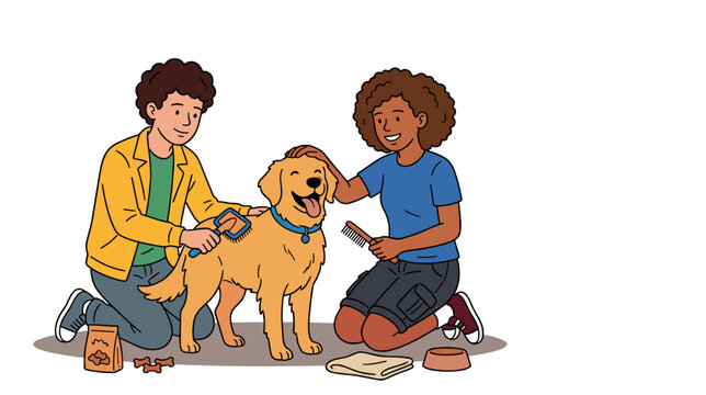 Two diverse teenagers kneeling on the floor and grooming a fluffy golden retriever dog with a special pet slicker brush. Concept of routine animal care and domestic pet grooming service