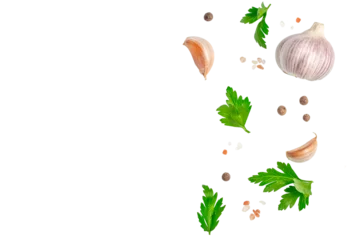 Garlic parsley peppercorns and salt arranged as food border isolated background  for menu design recipe or advertising. © Надія Коваль