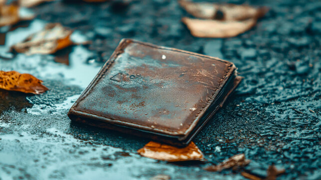 Wallet lies on the wet ground among autumn leaves after being lost in a park during a rainy afternoon
