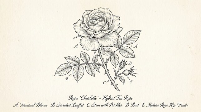 Detailed botanical illustration of the Rosa Charlotte Hybrid Tea Rose, featuring labeled anatomical details.