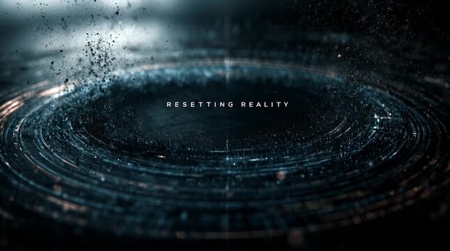 Holographic interface with collapsing digital particles around centered typography reading &ldquo;RESETTING REALITY,&rdquo; cinematic, high-detail, futuristic, dynamic, and visually striking tech scene.