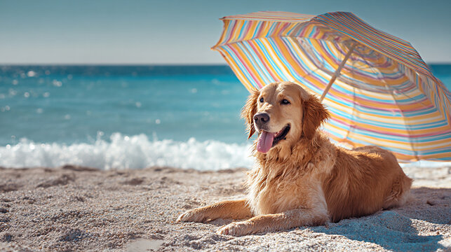 Golden retriever lies on sandy beach beneath a colorful striped umbrella, with ocean waves and clear blue sky visible in the background