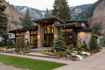 Obraz premium Modern luxury mountain home architecture with stone siding and floor to ceiling windows at dusk