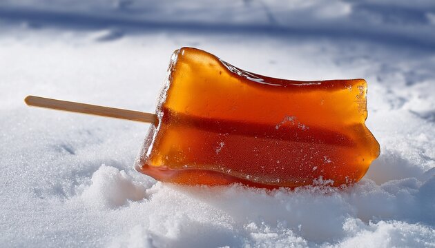 Maple Syrup Taffy On Wooden Stick In Fresh White Snow High Resolution Image