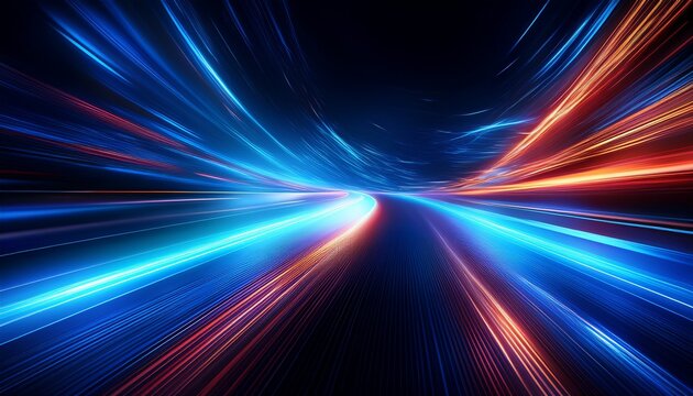 abstract image of speed motion on the road glitter light fire flare trace dark blue abstract background with ultraviolet neon glow blurry light lines waves