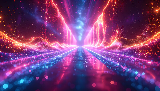 Vibrant abstract digital landscape with glowing neon light particles and electric energy waves, futuristic data tunnel, cyberspace travel, motion background