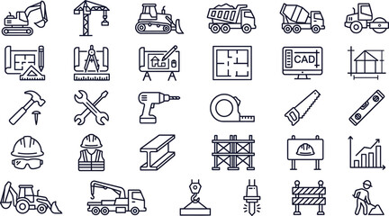 Construction and Engineering Outline Icons Set with Machinery Tools and Industrial Symbols © Md