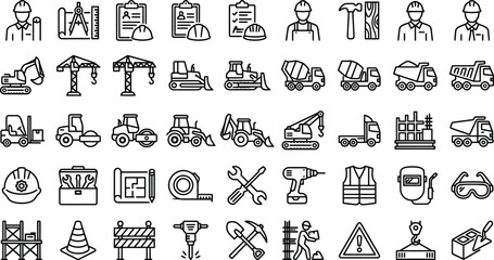 Construction and Industrial Outline Icons Collection with Machinery Tools and Engineering Symbols © Md