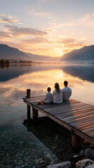 Obraz premium Family enjoying tranquil lakeside sunrise on wooden pier, parents and child watching shimmering light reflected over calm water and surrounding mountains