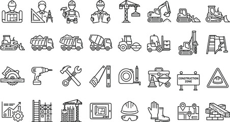 Construction and Engineering Outline Icons Set with Machinery Tools and Industrial Equipment © Md