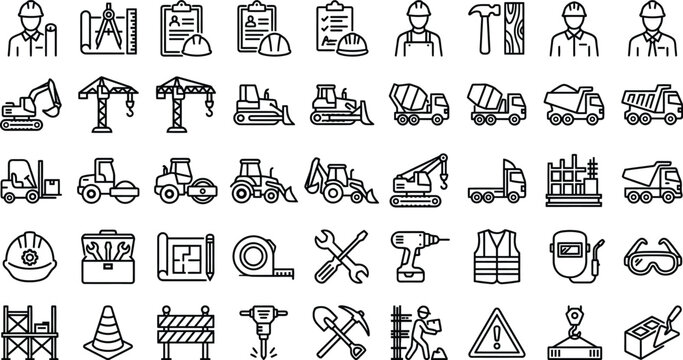 Construction and Industrial Outline Icons Collection with Machinery Tools and Engineering Symbols
