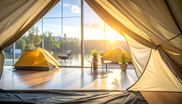 View from inside a tent looking out at a serene lake during a golden sunset, two tents set up, nature, camping, outdoor adventure