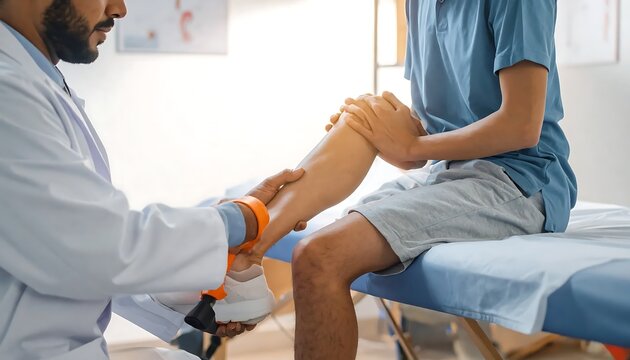 Young Male Doctor Examining Teen Patient Knee on Medical Bed in Bright Clinic Room