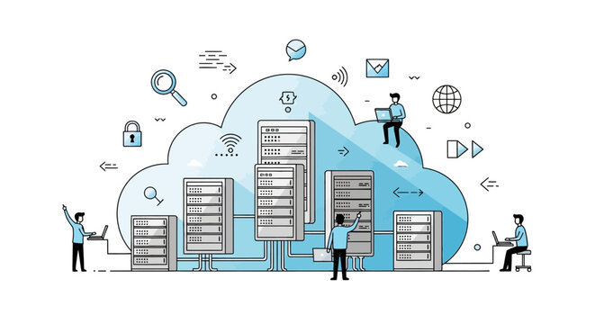 People work on laptops and manage servers in a large cloud computing environment with various icons.