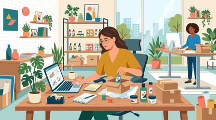 Fototapeta premium Creative Workspace with Two Professionals Packing Natural Skincare Products