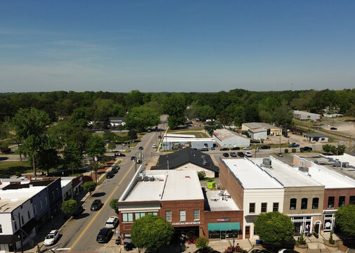Wendell, NC - USA - 4-14-2026: Aerial view of shops and restaurants in downtown Wendell, a fast growing town East of Raleigh in Wake County