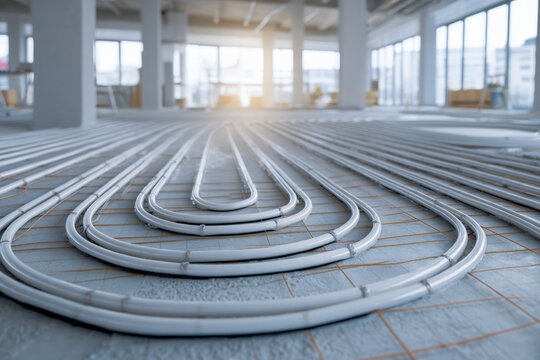 Underfloor heating pipes installed in bright construction room for home renovation and energy efficiency