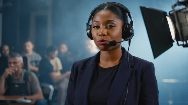 A woman wearing headphones and holding a microphone is standing on a stage in front of a spotlight. She appears to be a news anchor or radio personality preparing for an interview or broadcast.