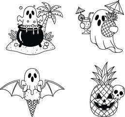 Halloween ghosts and pineapples with tropical summer theme illustrations © eiparoy