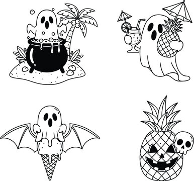Halloween ghosts and pineapples with tropical summer theme illustrations