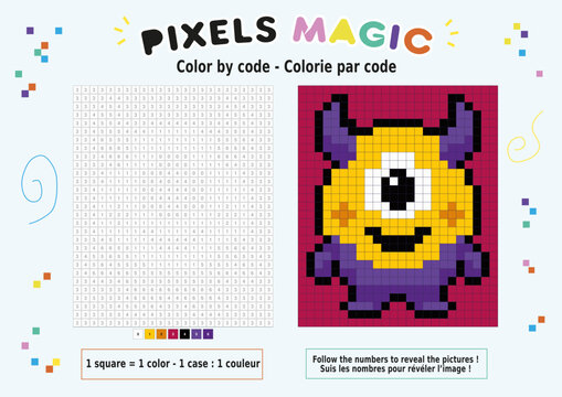 Coloriage au num&eacute;ro, pixel art : monstre jaune &agrave; un &oelig;il