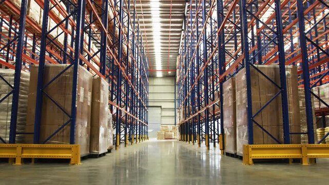 Moving through a large industrial warehouse with boxes on tall pallet racks