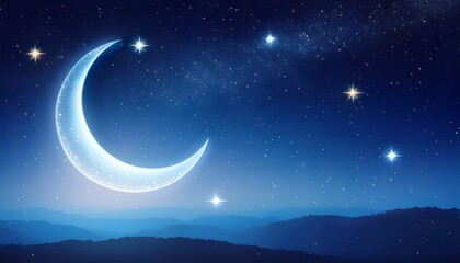 Fototapeta premium Ramadan Night Sky Background With Crescent Moon And Stars Deep Blue Tone Dreamy Lighting Minimalist Composition