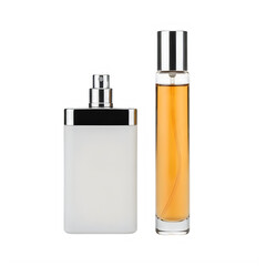 Naklejka premium Two perfume bottles with silver caps on transparent background