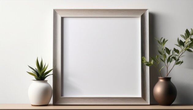 Elegante Marco Vacio En Blanco Apoyado Sobre Una Pared Blanca Lisa