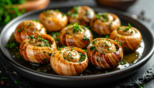 Escargots de Bourgogne in garlic herb butter with parsley garnish and glossy sauce