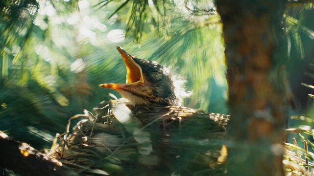 Hungry baby robin chirping for food in nest