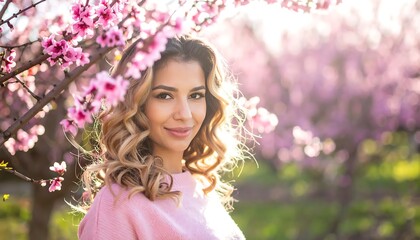 Naklejka premium Smiling Young Woman Posing Among Blooming Pink Trees in Spring Garden