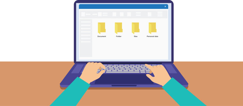 Laptop work files folder data window page laptop screen vector 
