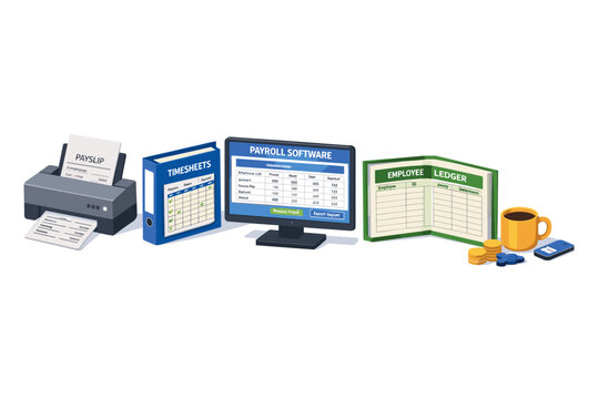 Payroll processing system with computer, printer, and financial records