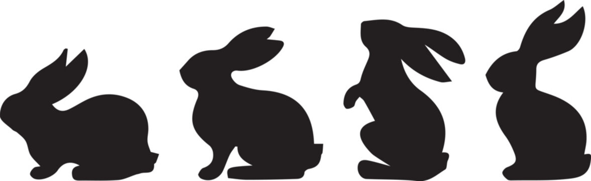 four black silhouette rabbit bunny sitting pose set flat vector icon graphic on white background easter nature design