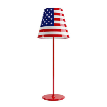 Floor lamp with modern design featuring American flag pattern shade and red stand isolated on transparent background.
