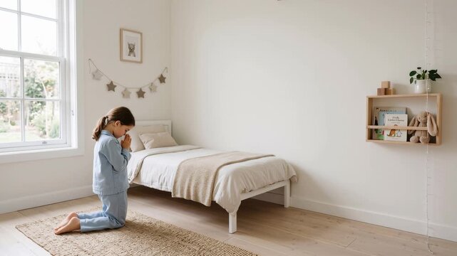 Child praying in bedroom, kneeling beside bed with soft blanket and decorative shelf. Peaceful setting features natural light and cozy decor for invoking calm atmosphere.