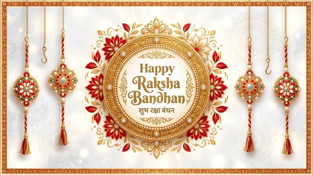 Happy Raksha Bandhan greeting card vector illustration with beautiful ornamental rakhis and traditional gold floral background