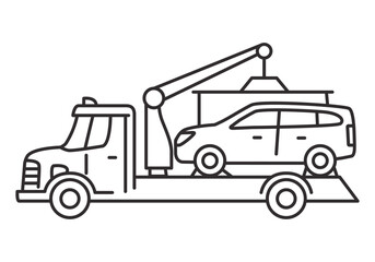 Fototapeta premium Tow truck icon.Towing truck van with car.City road assistance service .Car towing truck. Towing truck delivers the broken car. Outline vector illustration.Isolated on white background.
