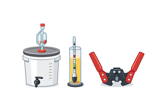 Home brewing equipment including fermentation bucket, hydrometer, and bottle capper
