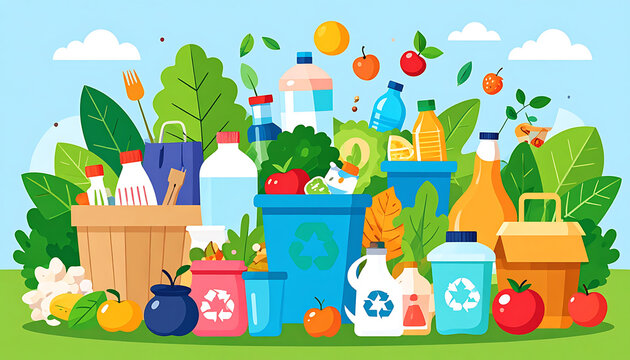 Diverse array of recyclable waste and green plants in a vibrant pixel art illustration, promoting eco-friendly habits and resource management.