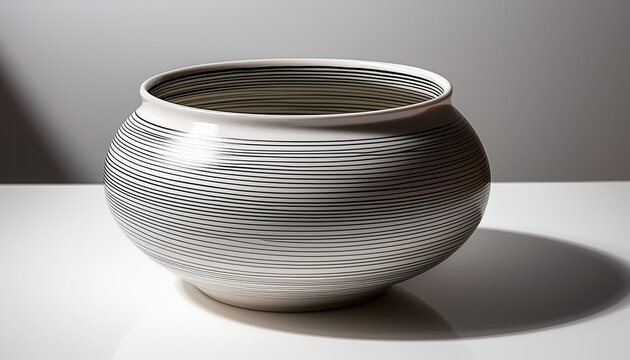 A Round Ceramic Vase With Fine Horizontal Black Lines On A White Surface Casting A Soft Shadow On A Light Background