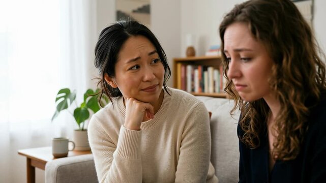 Two women communicating in a cozy living room, one offering support to a friend in distress. Emotional conversation depicts friendship and connection during tough times,